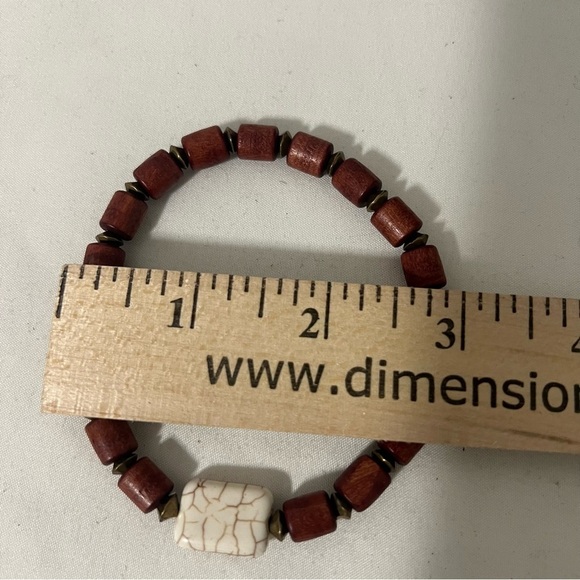 Waxed Wooden Column Brown Beaded Stretch Bracelet with Cream Stone Unisex - Picture 4 of 4